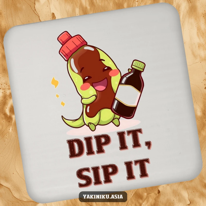 Funny edamame drink coasters featuring a cheerful bean playing with a soy sauce bottle, protecting surfaces stylishly.