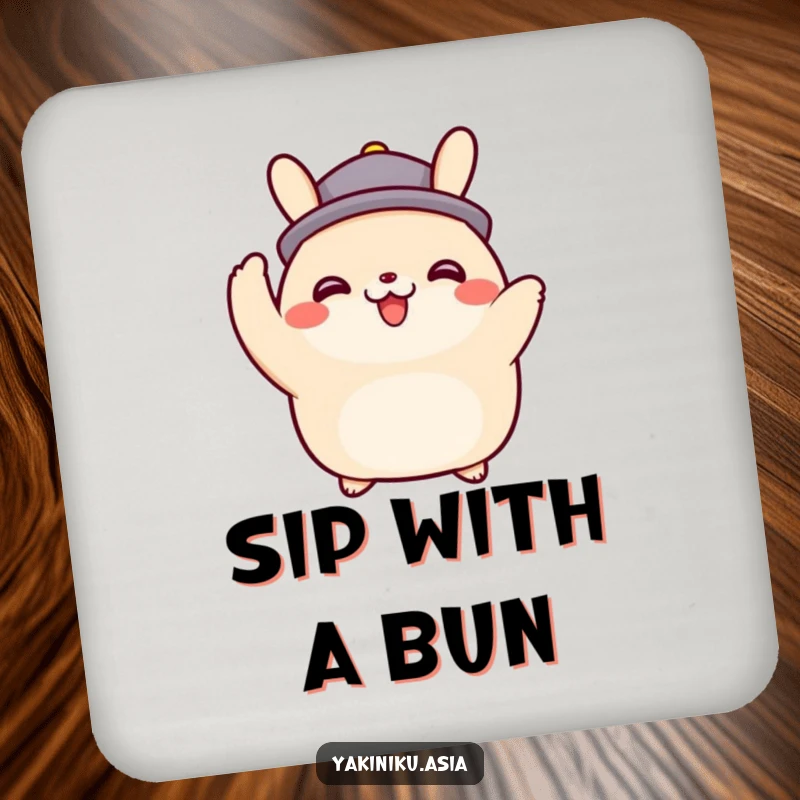 Funny happy bao bun character tipping an imaginary hat on a drink coaster, protecting tables with polite charm, a sweet funny gift.