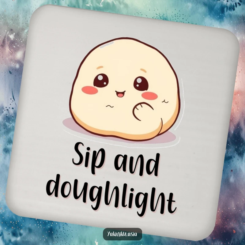 Funny dumpling coaster, rolling happily across a surface, a humorous and practical accessory to protect your surfaces.