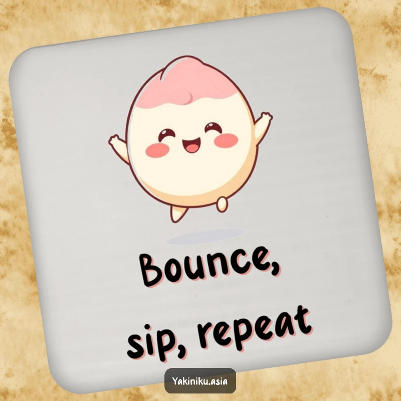 Funny mochi drink coasters featuring a smiling dessert character happily bouncing, protecting surfaces with joy.