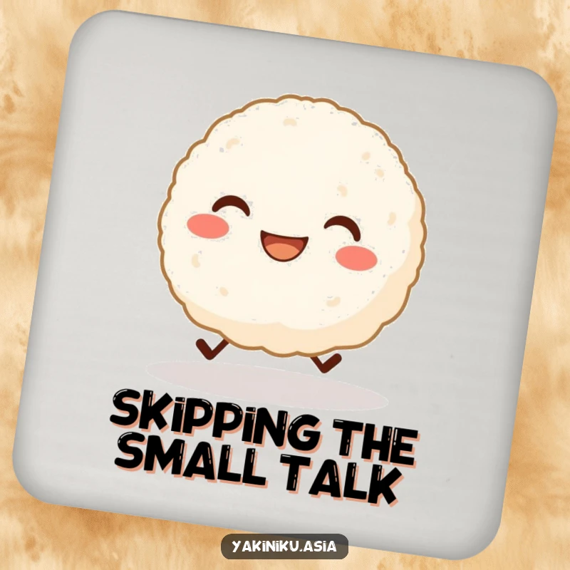 Funny drink coaster with a grinning rice ball character with tiny legs cheerfully skipping, adding happy charm. Excellent funny gift.