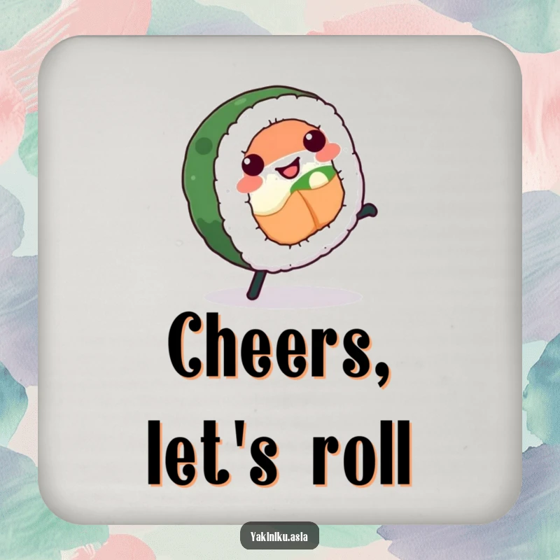 Funny sushi roll coaster, performing a cartwheel, a humorous and practical accessory to protect your surfaces.