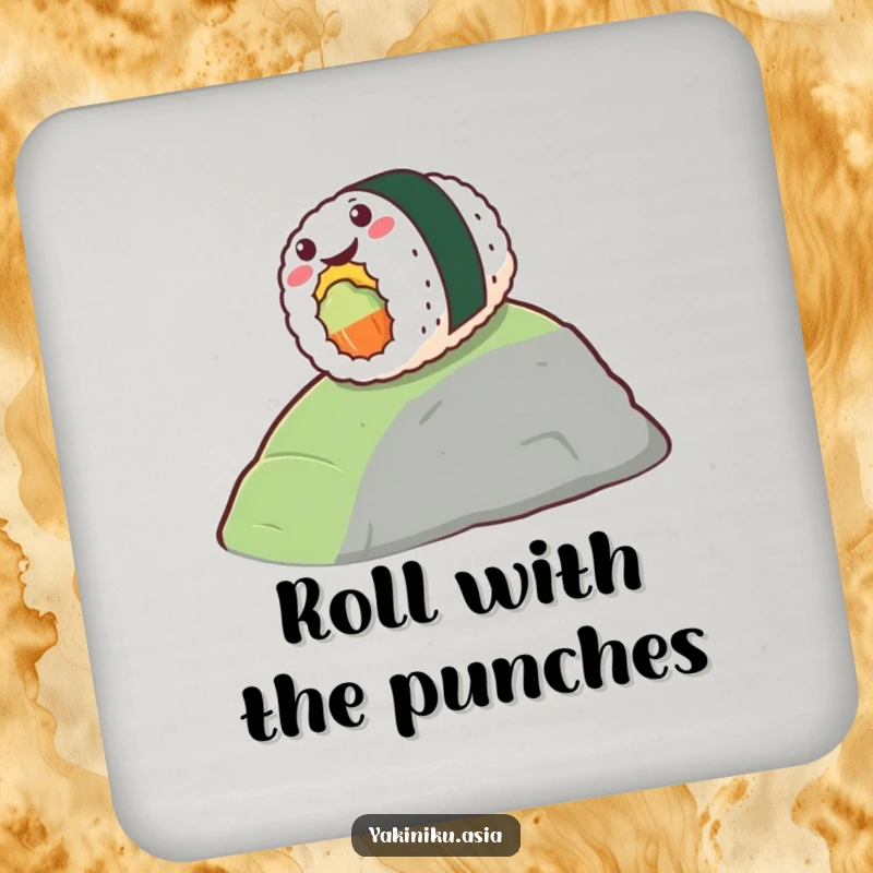 Funny drink coaster with a stylized piece of sushi gleefully rolling down a hill, adding food fun and charm. Excellent funny gift.