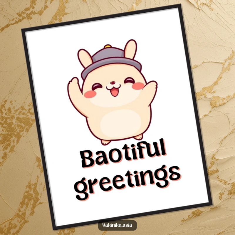 Funny happy bao bun character tipping an imaginary hat on a poster, exuding politeness and charm, an inviting funny gift.
