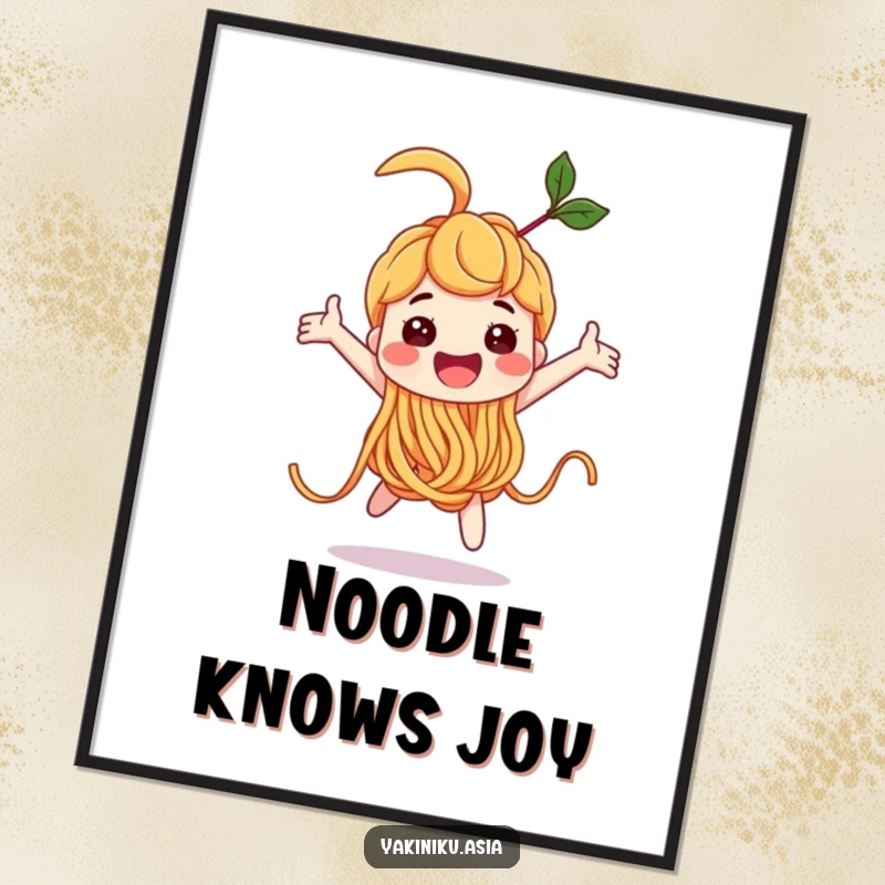 Funny noodle character doing a joyful loop-the-loop on a poster, capturing dynamic movement and pure delight, an excellent funny gift.