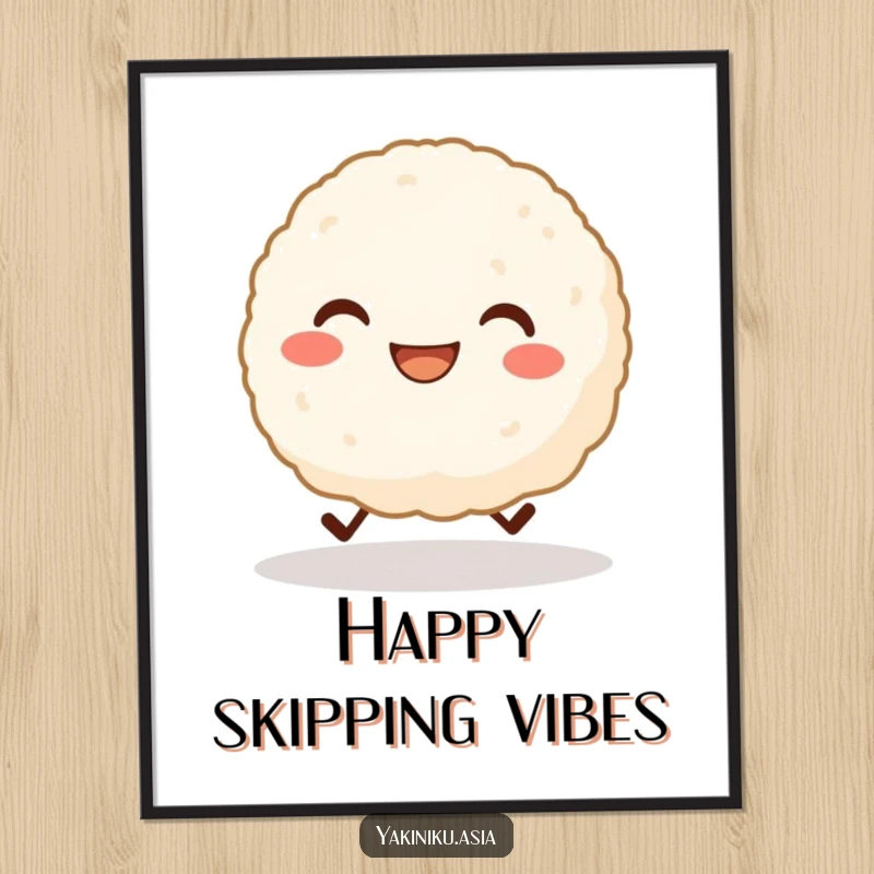 Funny poster art of a grinning rice ball character with tiny legs cheerfully skipping, showing pure happiness. Wonderful funny gift.