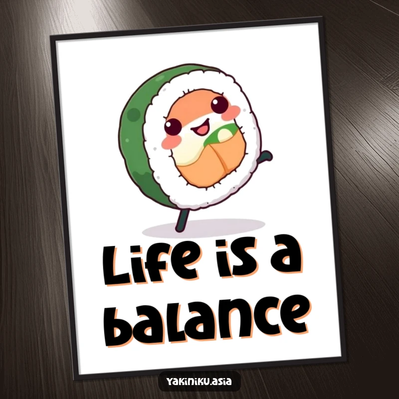 Funny sushi roll poster, captured in a dynamic cartwheel, bringing energetic humor and artistic flair to your walls.