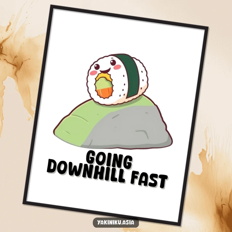 Funny poster art of a stylized piece of sushi gleefully rolling down a hill, celebrating food humor. Wonderful funny gift.