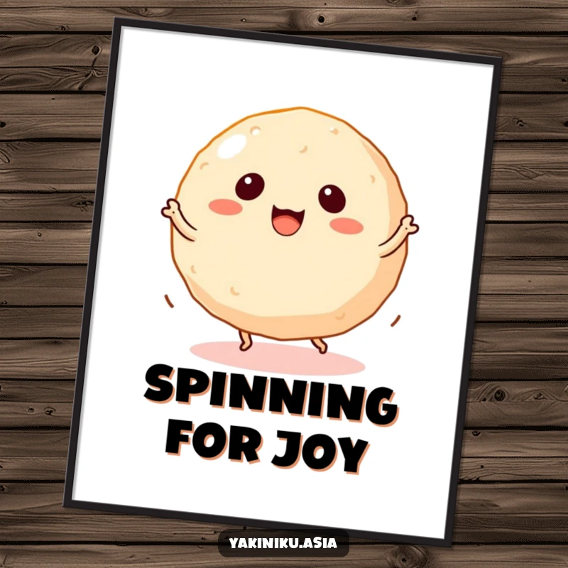 Funny takoyaki poster showcasing a dancing ball snack with tiny legs spinning energetically, adding vibrant decor.