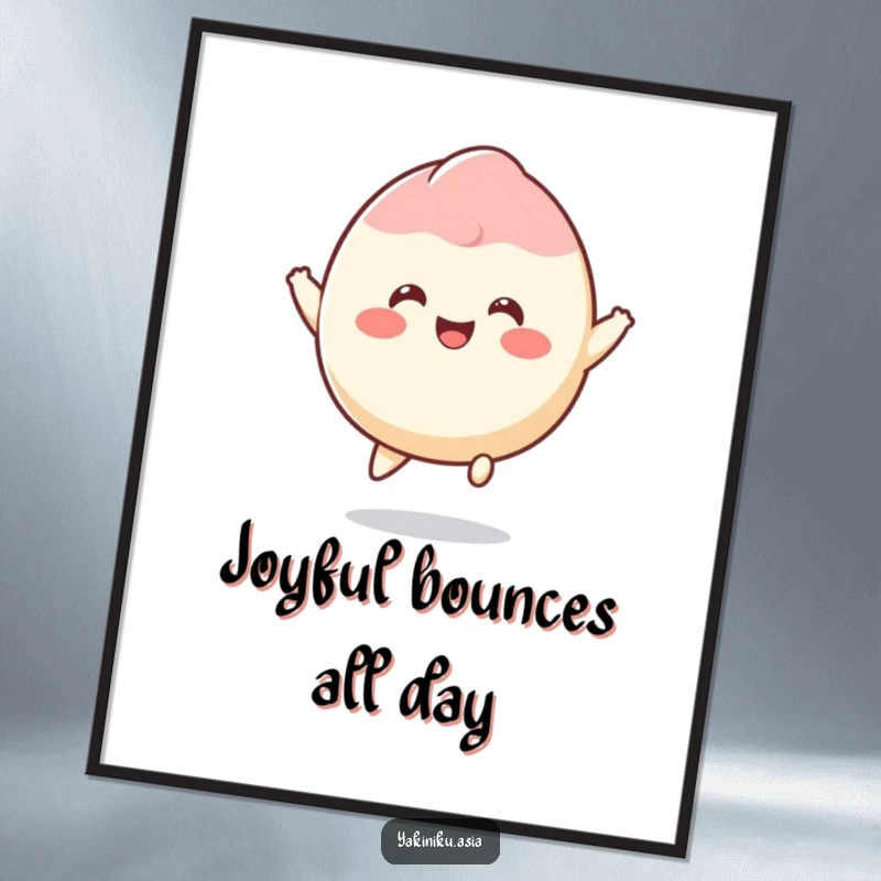 Funny mochi poster showcasing a smiling dessert character bouncing ecstatically with pure joy, adding cheerful decor.