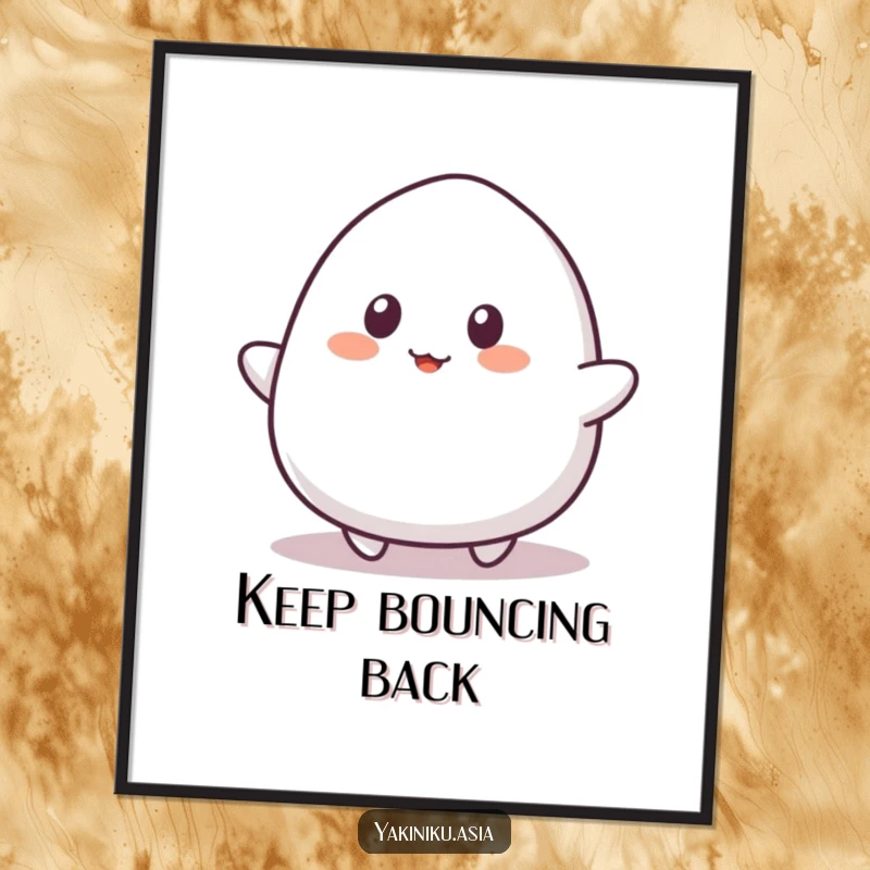 Funny mochi poster, depicted bouncing playfully with simple eyes, bringing cheerful humor and artistic charm to your walls.