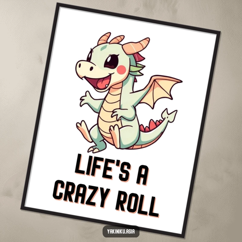 Funny poster featuring a stylized sushi dragon roll performing an energetic cartwheel, bringing a sense of fun and motion to any wall.