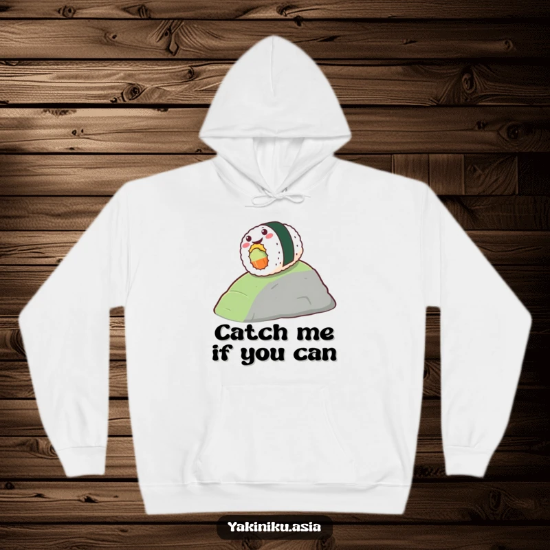 Funny hoodie with a stylized piece of sushi gleefully rolling down a hill, offering cozy comfort and food humor. Excellent funny gift.