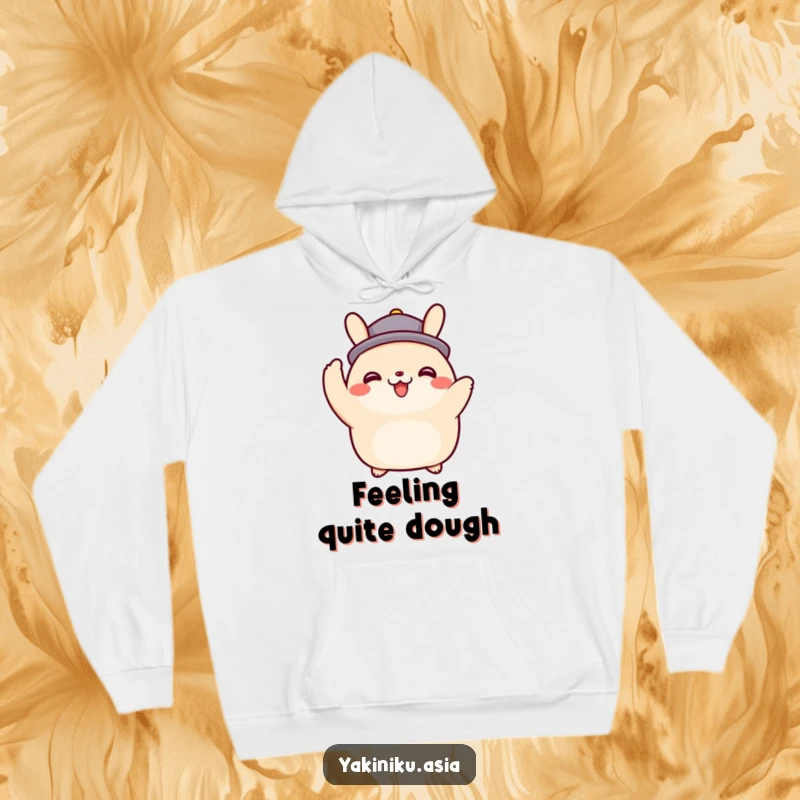Funny happy bao bun character tipping an imaginary hat on a hoodie, offering comfort and a warm welcome, a cozy funny gift.