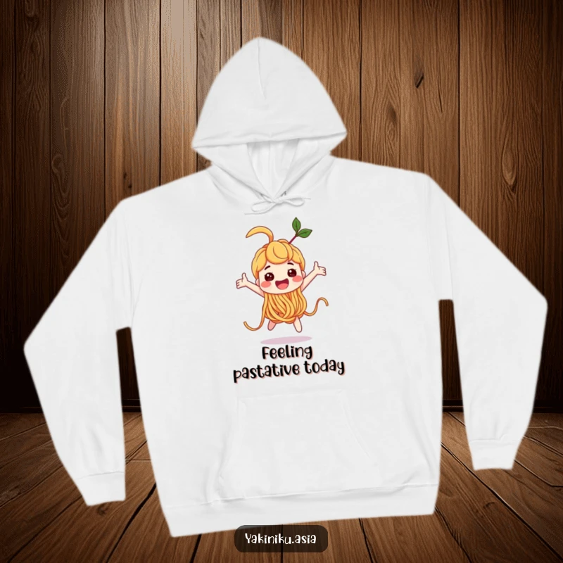 Funny noodle character doing a joyful loop-the-loop on a hoodie, radiating warmth and happiness, a super funny gift.