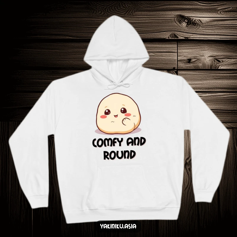 Funny dumpling hoodie, captured in a happy rolling motion, offering warmth and adorable humor.