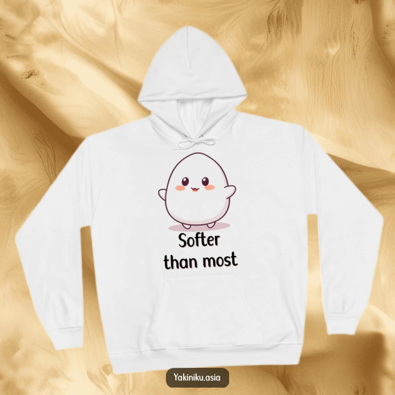 Funny mochi hoodie, depicted bouncing playfully with simple eyes, offering warmth and adorable humor.