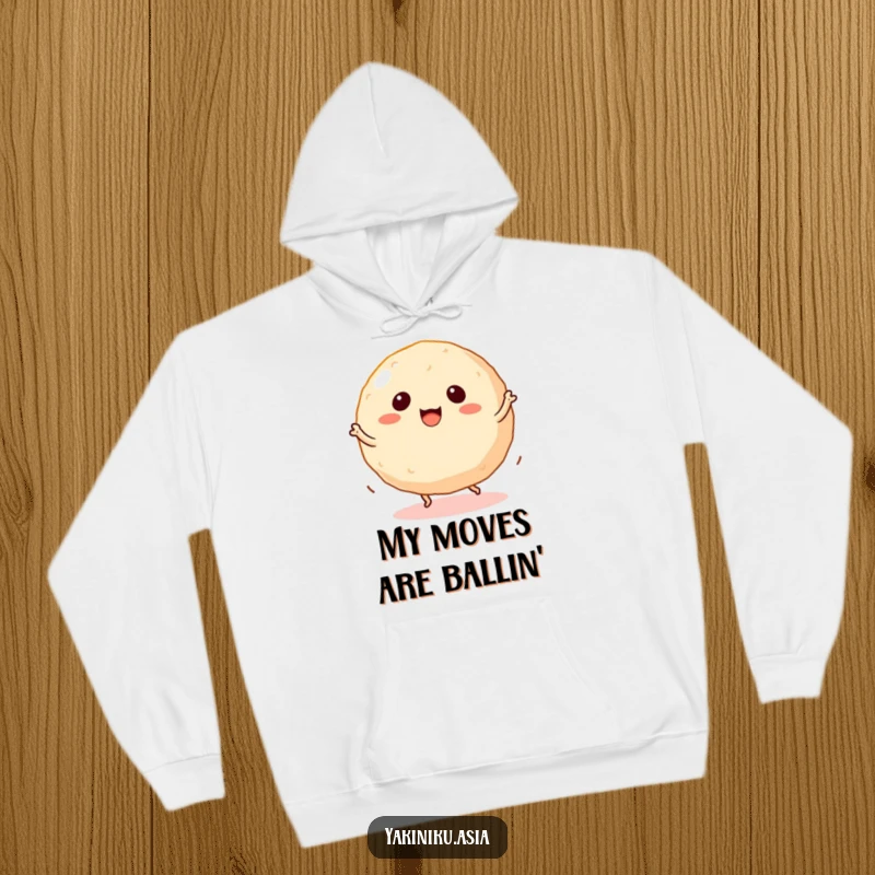 Funny takoyaki hoodie with a dancing ball snack featuring tiny legs spinning, offering warmth and playful style.