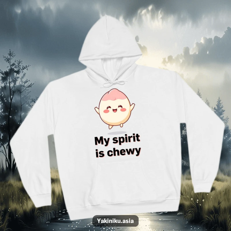 Funny mochi hoodie with a smiling dessert character joyfully bouncing, offering warmth and playful comfort.