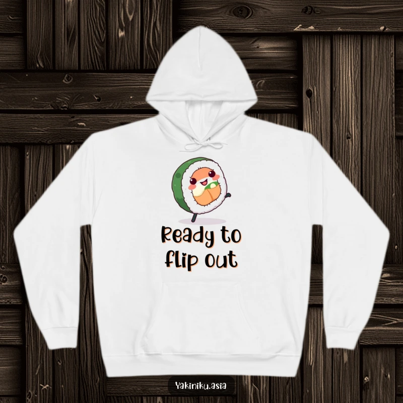 Funny sushi roll hoodie, captured in a lively cartwheel motion, offering warmth and humorous appeal.