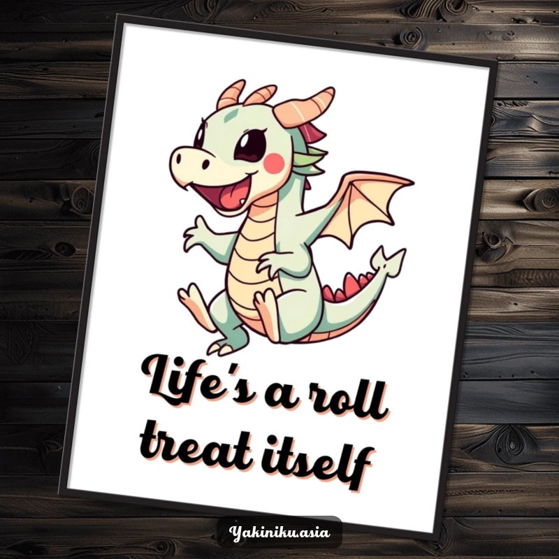 Funny free printable wall art depicting a smiling sushi dragon roll character in a dynamic cartwheel pose, perfect for kitchen decor.