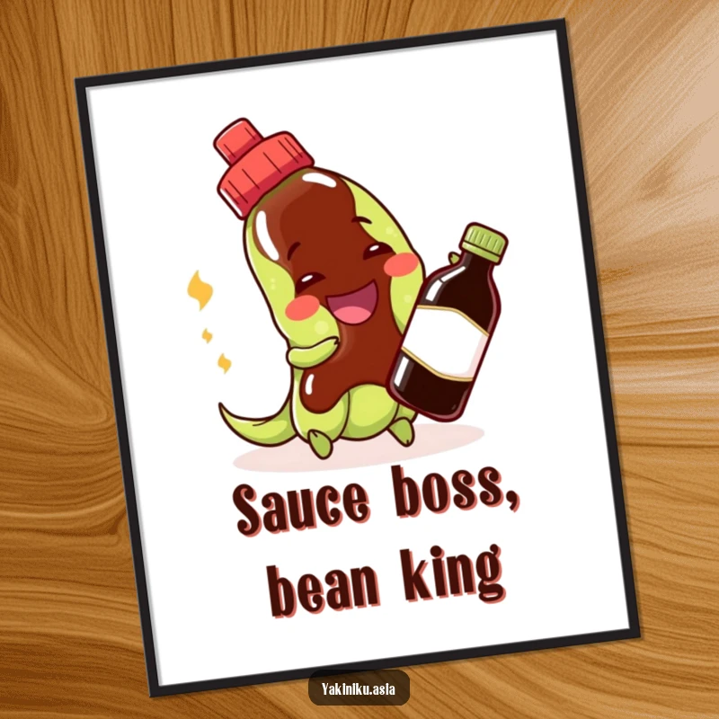 Funny Free Printable Edamame Wall Art showcasing a smiling edamame bean gleefully interacting with a soy sauce bottle.