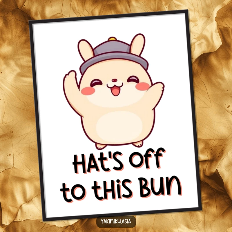Funny Free Printable Wall Art: A happy bao bun character tipping its imaginary hat with a warm smile.