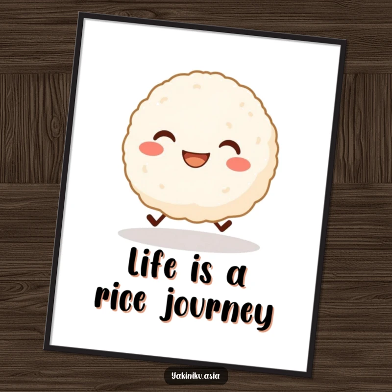 Funny Free Printable Wall Art: Grinning rice ball with tiny legs cheerfully skipping, full of energy, hilarious downloadable art.