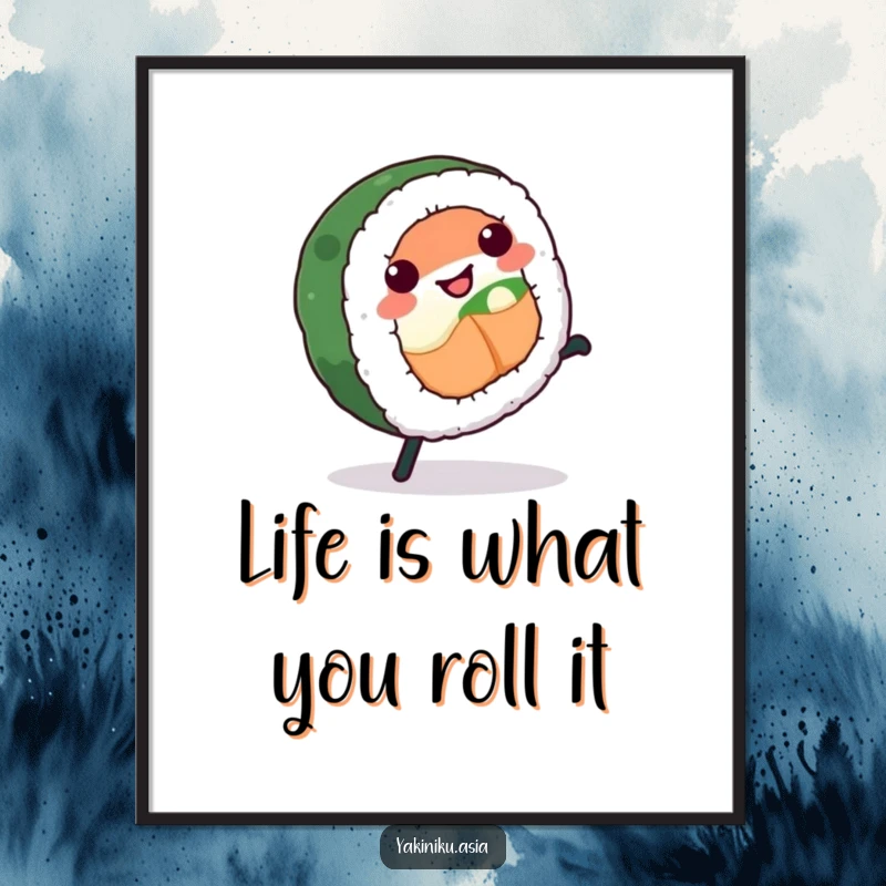 Funny Free Printable Wall Art: A smiling sushi roll with legs mid-cartwheel, adding dynamic and humorous energy.