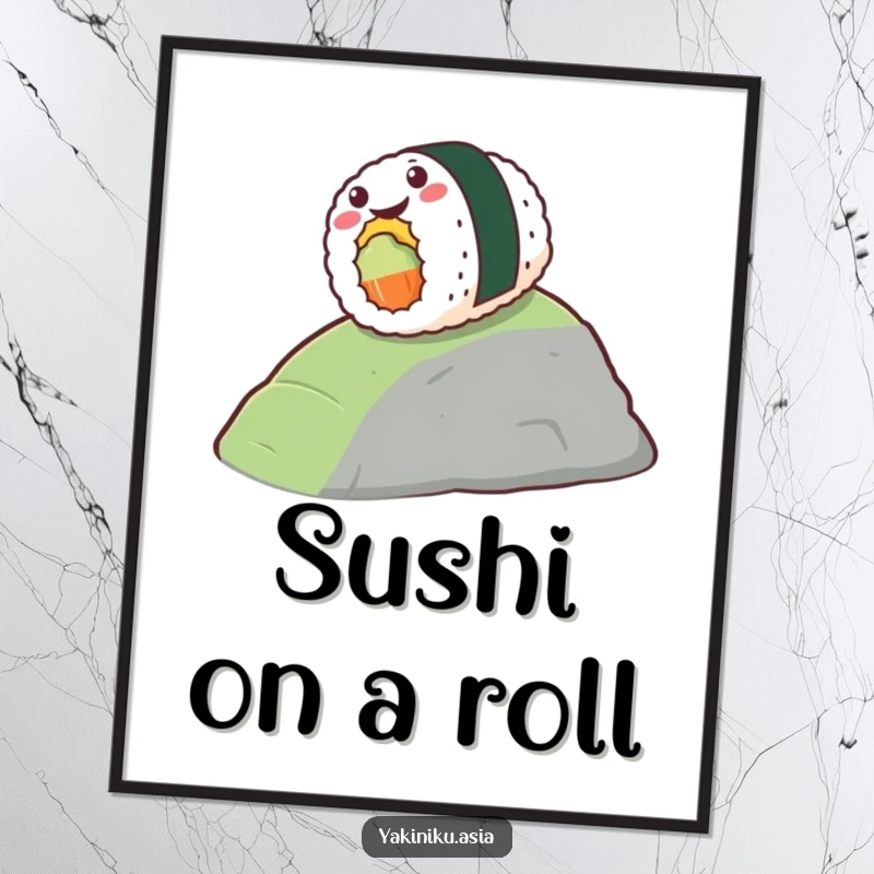 Funny Free Printable Wall Art: Stylized sushi rolling gleefully down a small hill, on an adventure, hilarious downloadable art.