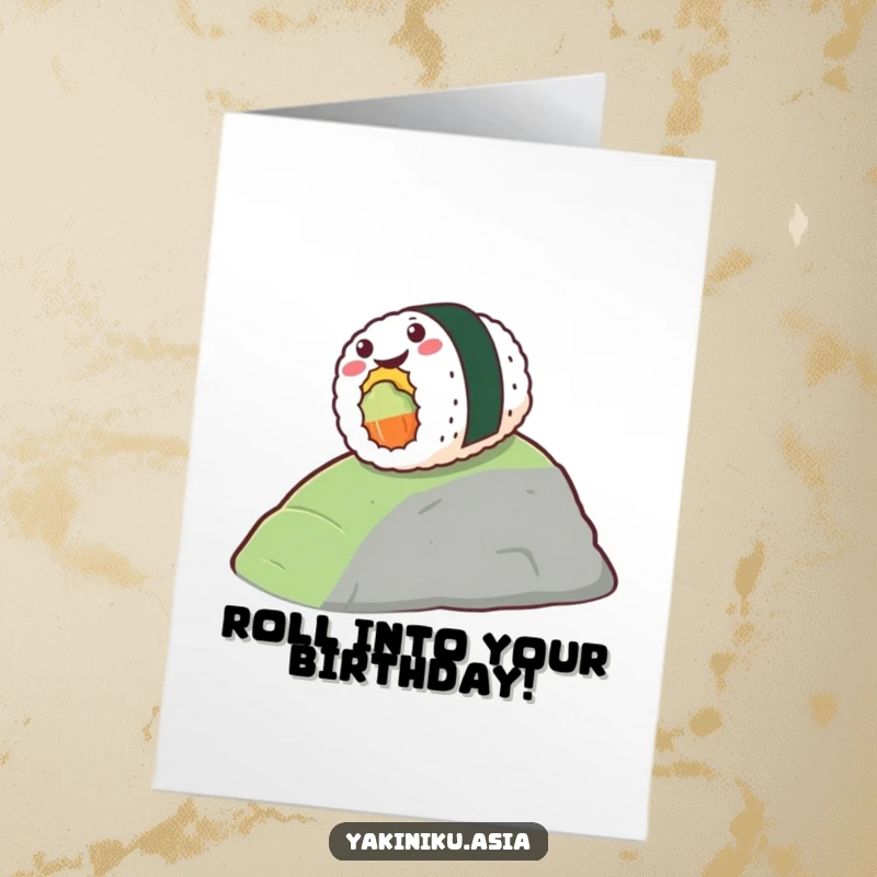 Funny Free Printable Birthday Card: Stylized sushi rolling gleefully down a small hill, happy foodie, hilarious greeting.