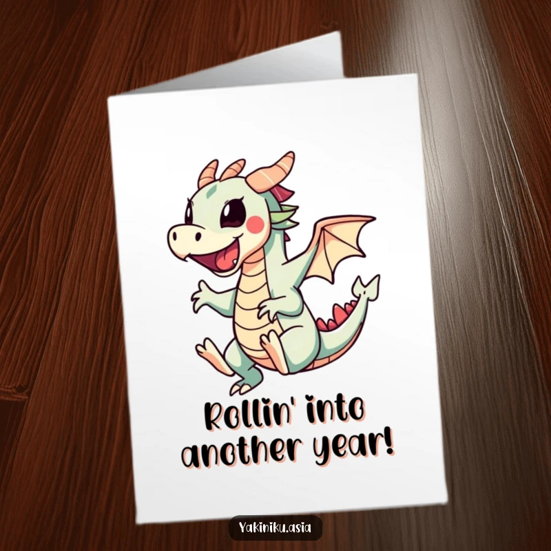 Funny free printable birthday card with a cartwheeling sushi dragon roll character smiling and mid-cartwheel, ready for a celebration.