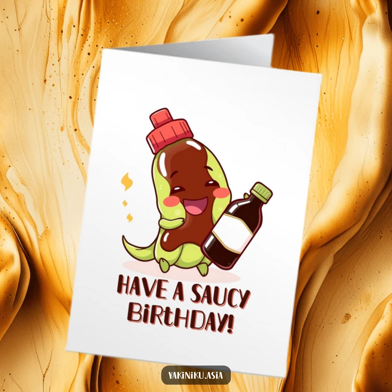 Funny Free Printable Edamame Birthday Card featuring a smiling edamame bean playing with a soy sauce bottle.