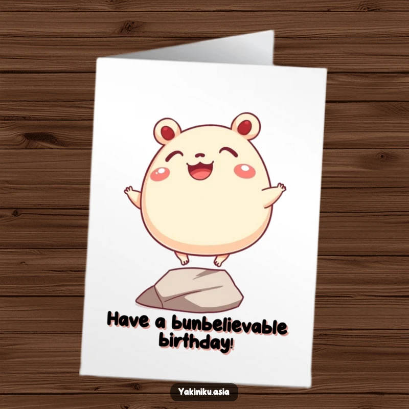 Funny Free Printable Birthday Card: A grinning bao bun with tiny legs balancing comically, perfect for birthdays.