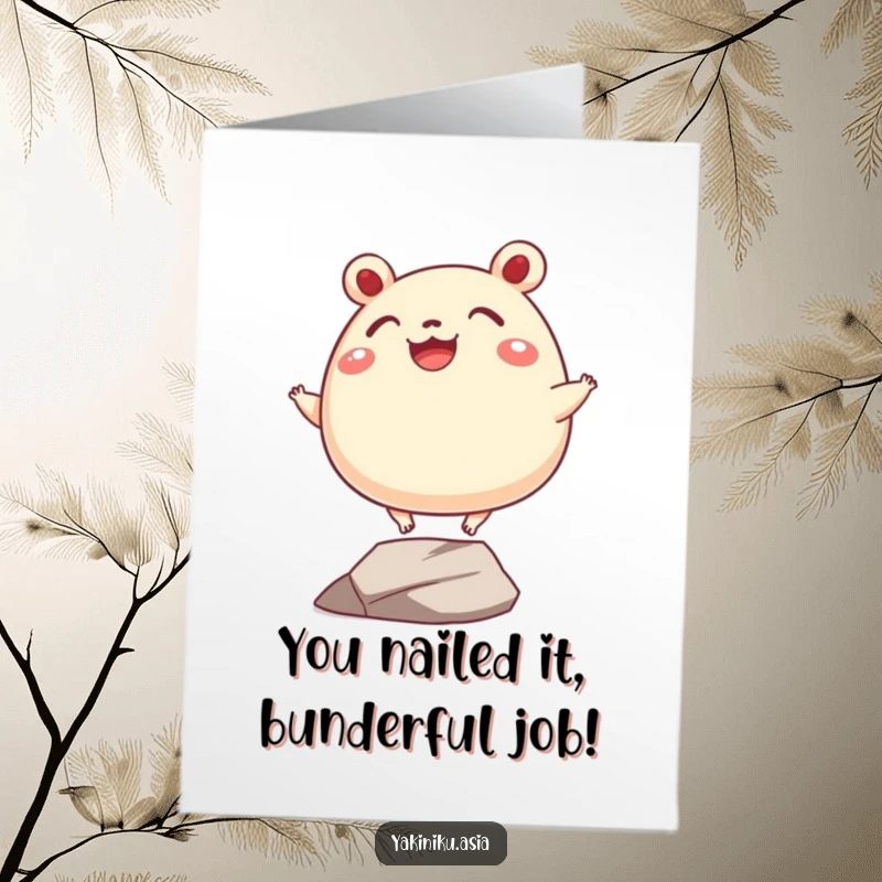 Funny Free Printable Congratulations Card: A grinning bao bun with tiny legs humorously balancing, celebrating success.