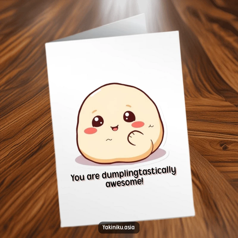 Funny Free Printable Congratulations Card: A happy dumpling with eyes rolling cheerfully, celebrating wins with joy.