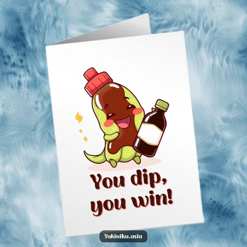 Funny Free Printable Edamame Congratulations Card: a cheerful edamame bean joyfully plays with a soy sauce bottle.