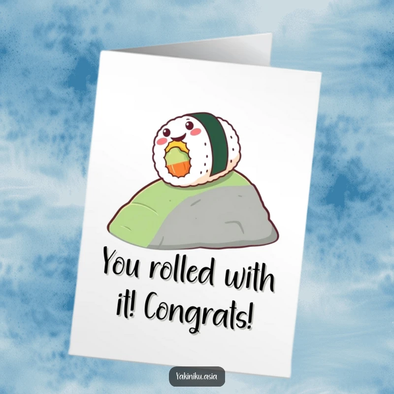 Funny Free Printable Congrats Card: Stylized sushi rolling gleefully down a small hill, celebrating victory, downloadable card.