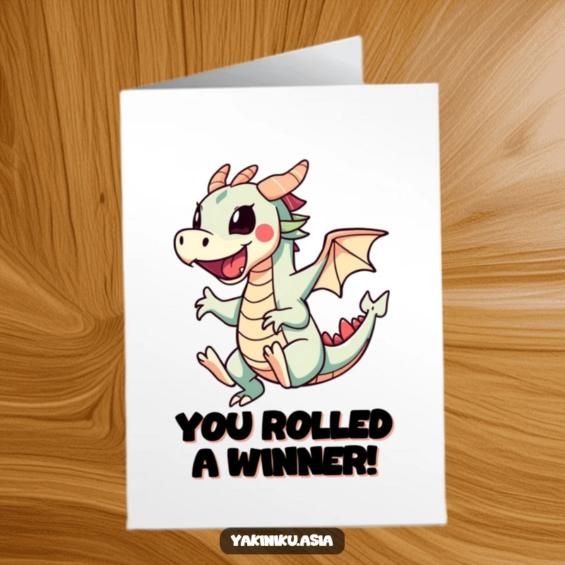 Funny free printable congratulations card showing a sushi dragon roll character energetically doing a cartwheel to celebrate an achievement.