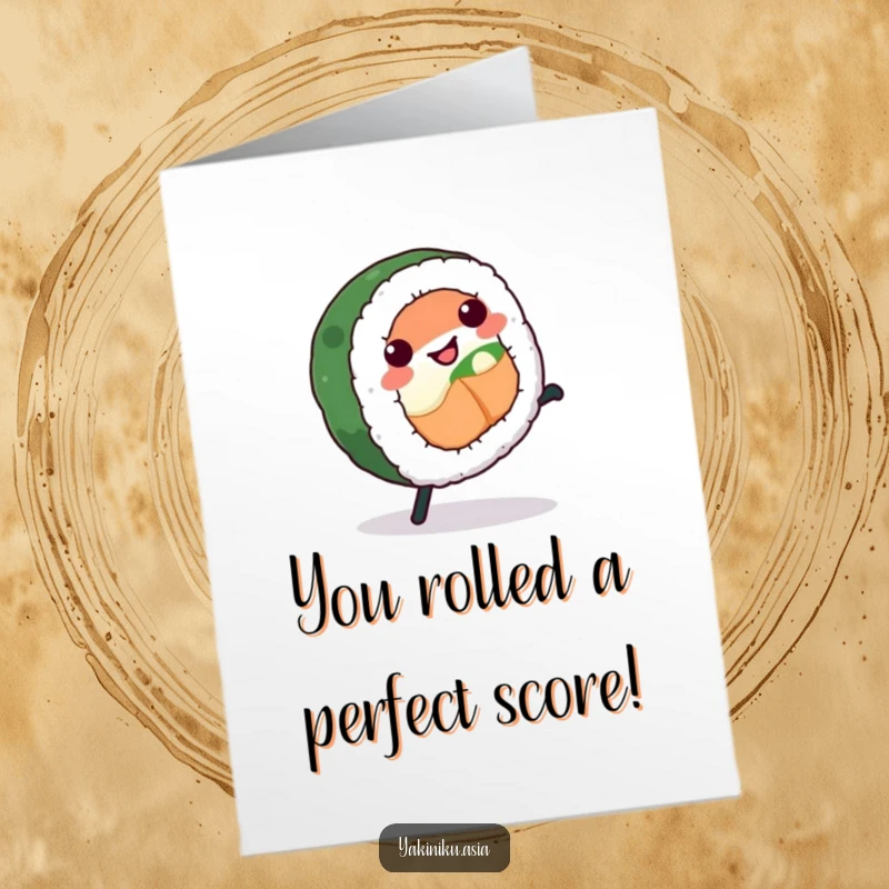 Funny Free Printable Congratulations Card: A happy sushi roll with legs performing a cartwheel, celebrating success energetically.