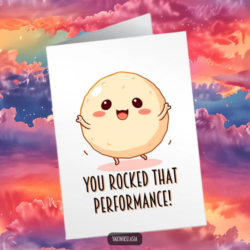 Funny Free Printable Takoyaki Congratulations Card: a happy takoyaki ball with tiny legs dancing to celebrate success.