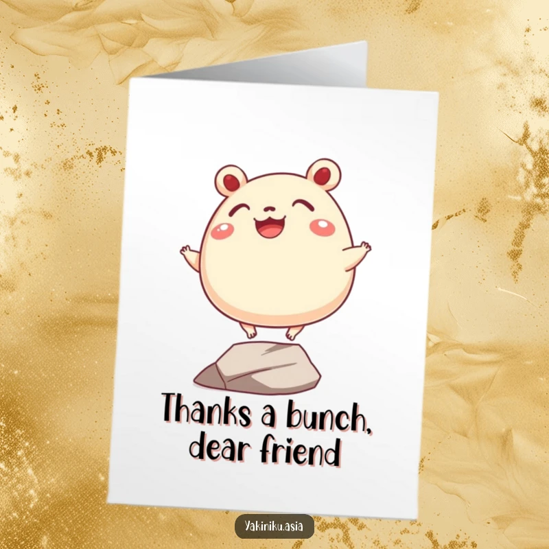 Funny Free Printable Thank You Card: A grinning bao bun with tiny legs precariously balancing, sweetly saying thank you.