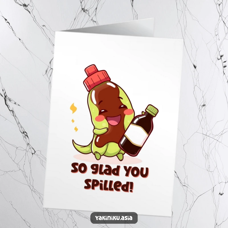 Funny Free Printable Edamame Thank You Card: a happy edamame bean with a soy sauce bottle saying thanks.