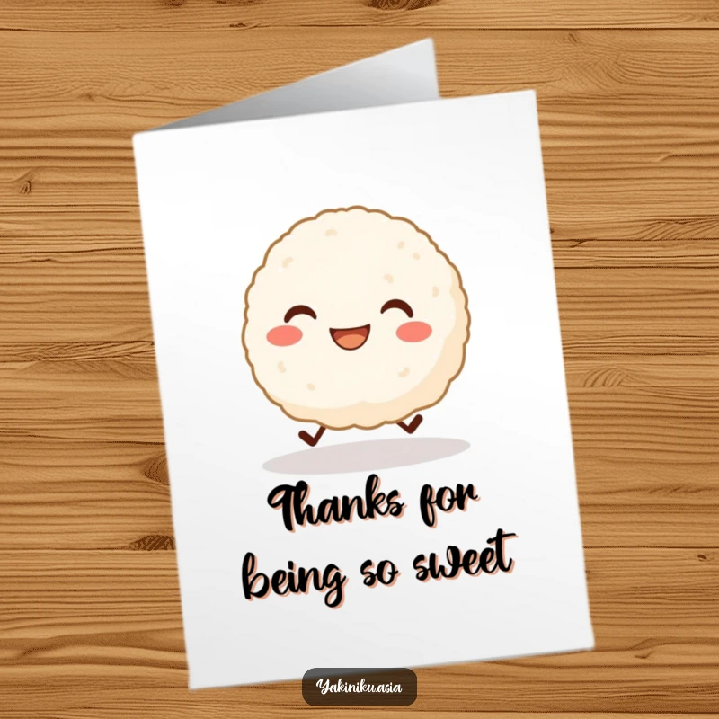 Funny Free Printable Thank You Card: Grinning rice ball with tiny legs cheerfully skipping, expressing thanks, funny greeting.