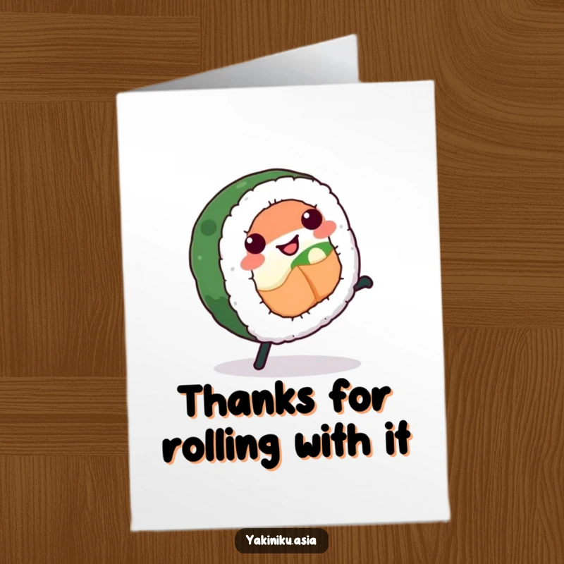 Funny Free Printable Thank You Card: A cheerful sushi roll with legs doing a cartwheel, expressing thanks playfully.