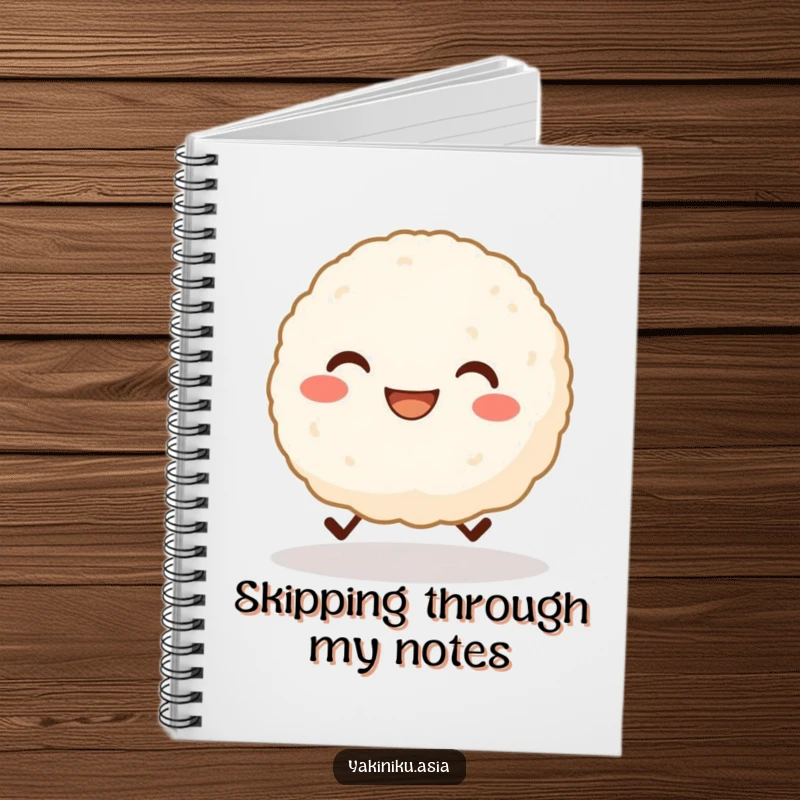 Funny notebook with a grinning rice ball character with tiny legs cheerfully skipping, representing pure joy. Ideal funny gift.