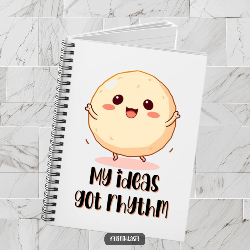 Funny takoyaki notebook with a dancing ball snack featuring tiny legs spinning, ideal for jotting notes.