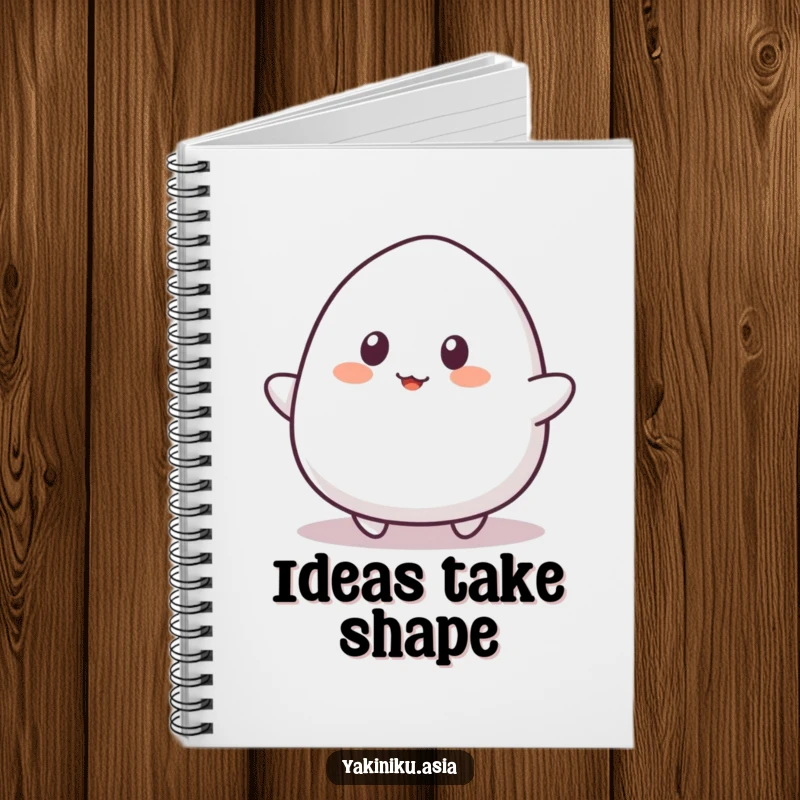 Funny mochi roll notebook, depicted bouncing playfully with simple eyes, perfect for noting ideas with cheerful humor.