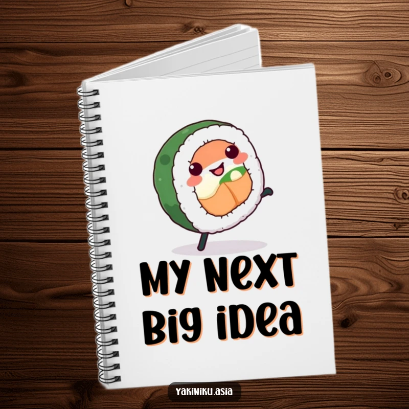 Funny sushi roll notebook, captured in a lively cartwheel, perfect for noting ideas with humorous energy.