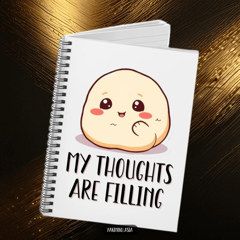 Funny dumpling roll notebook, depicted happily rolling with eyes, perfect for noting ideas with cheerful humor.